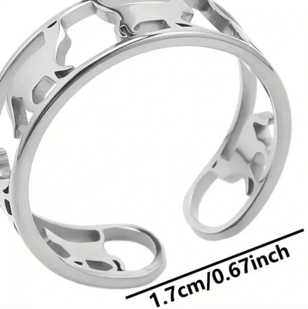 Cuff style adjustable silver color metal cat ring, cutout